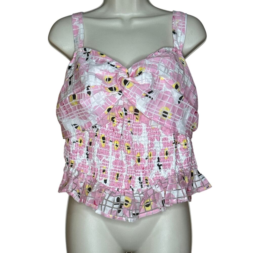 Unique Vintage Pink Floral Shirred Crop Top 5X NWT